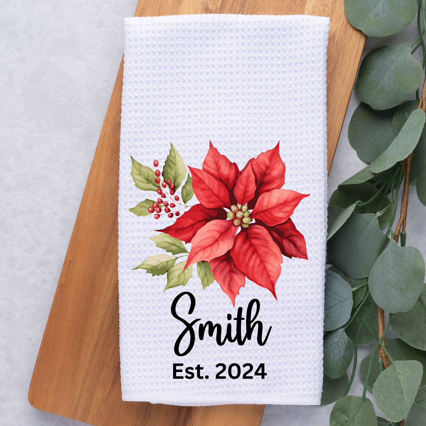 Poinsettia Tea Towel-Red Font