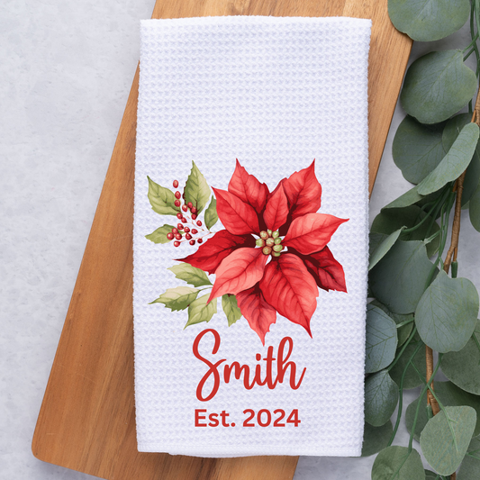 Poinsettia Tea Towel-Red Font