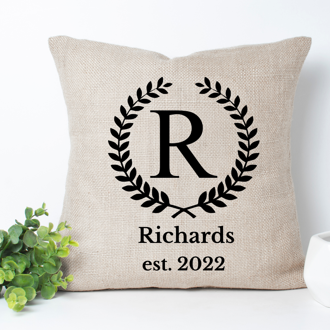 Leaf Monogram with Last Name and Date Pillow Cover