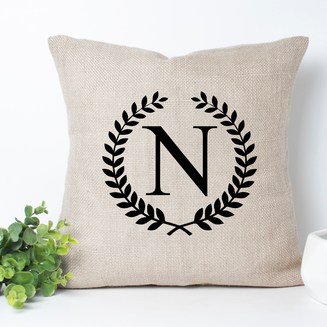 One Initial Monogram in Leaf Frame Pillow Cover