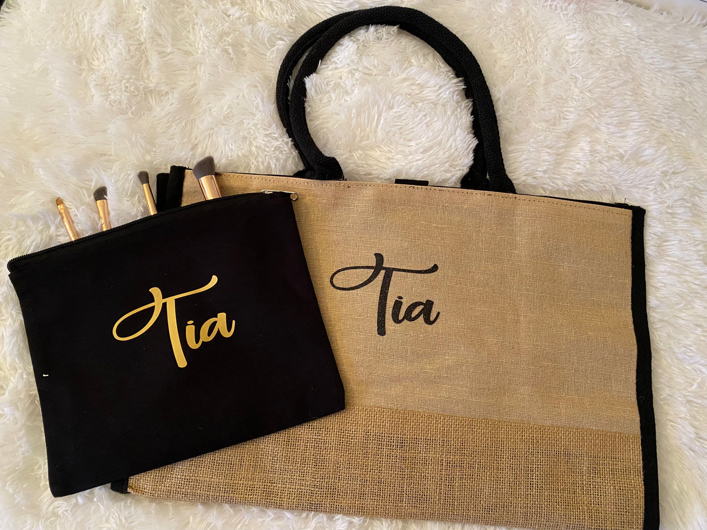 Black Trimmed Jute Tote with Name