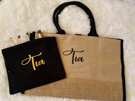 Black Trimmed Jute Tote with Name
